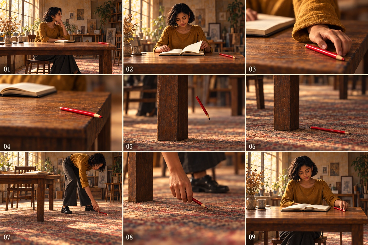 Codex-generated nine-panel teaching candidate in which the fingers touch the pencil in Panel 03 instead of a clear sleeve-only brush.