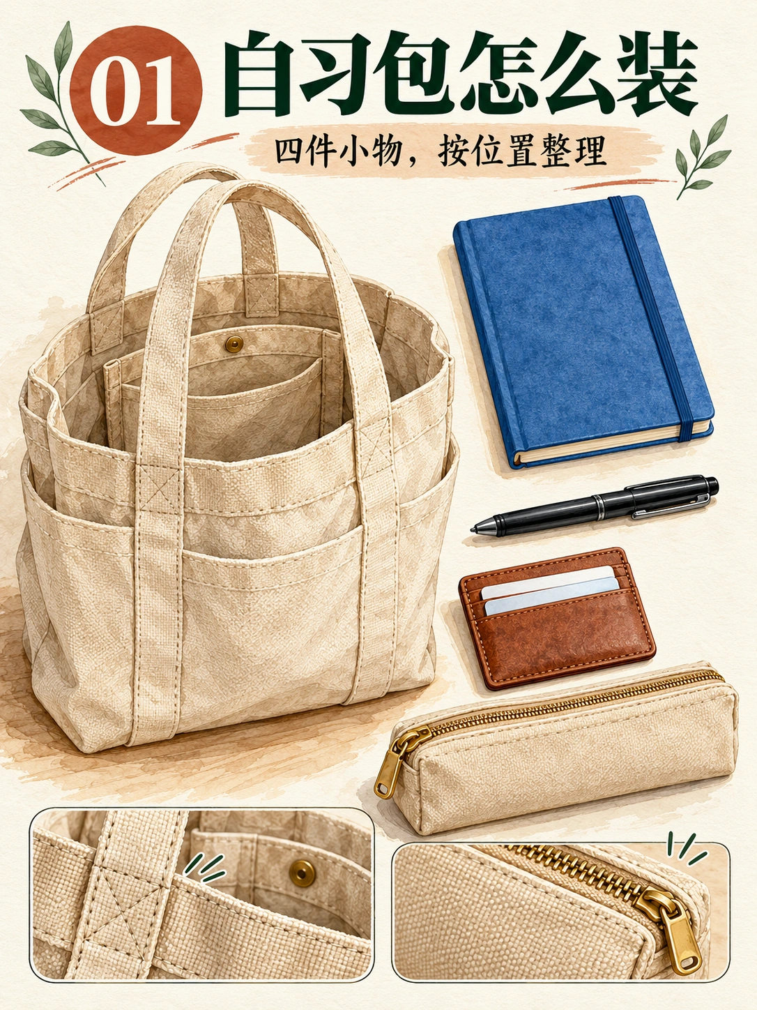 Codex-generated cover page showing a beige two-handled tote and four items outside it: a blue notebook, a black pen, a brown cardholder, and a beige pencil pouch, beneath 自习包怎么装.