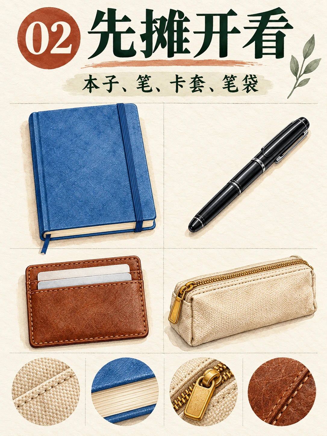 Codex-generated page 02 with a two-by-two watercolor flat lay of a blue notebook, black pen, brown cardholder, and beige pencil pouch, with no tote.